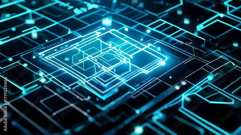 Poster futuristic cpu processing data with connections, activating artificial intelligence. glowing blue li