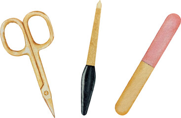 Vector manicure accessories. Scissors and nail files. Watercolor drawing. White background.For your design