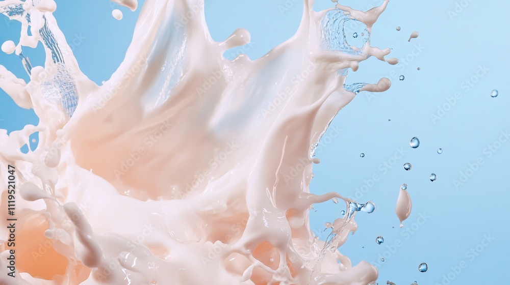 Poster milk splashing and making a big crown shape on light blue background
