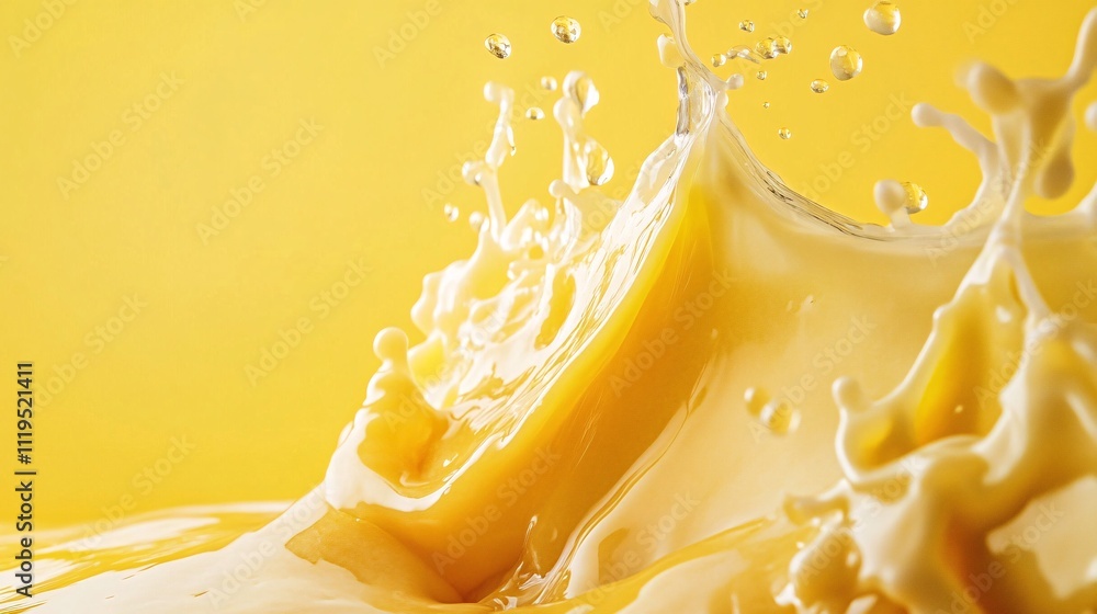 Aufkleber orange juice splashing and making a crown shape with drops on a yellow background