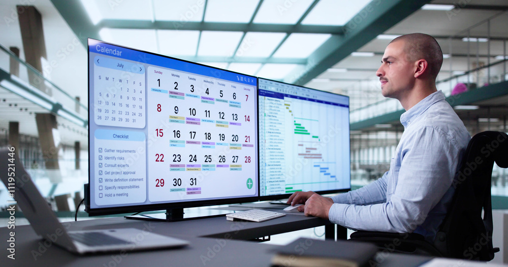 Poster Managing Tasks And Schedules With Gantt Calendar On Computer Screen