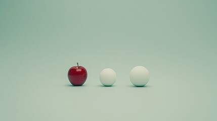 Red apple and two white spheres on a minimalistic background