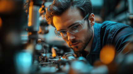 Obraz premium Focused young Caucasian man working with precision machinery in a workshop