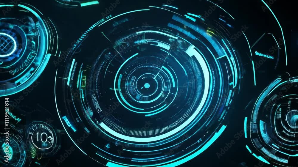 Poster Futuristic head-up display showcases data analysis through animated circles, digits, graphs, and various information elements, creating a dynamic visual representation of technology