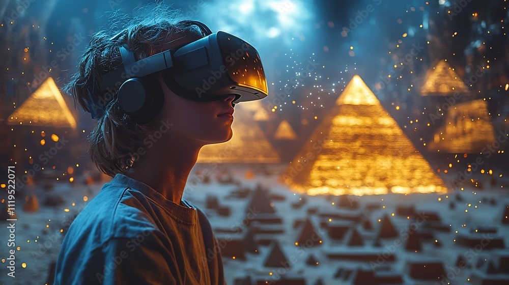Poster students in a futuristic vr classroom exploring 3d model of ancient egypt with holographic pyramids 