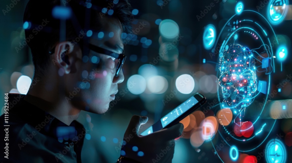 Poster artificial intelligence and mobile technology concept. man using ai phone for generative edit, live 