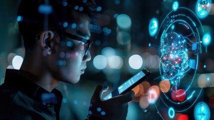 Artificial Intelligence and mobile technology concept. Man using AI Phone for Generative Edit, Live Translate, Circle to Search, Chatbot assistant conversation. generative AI. innovation. smartphone