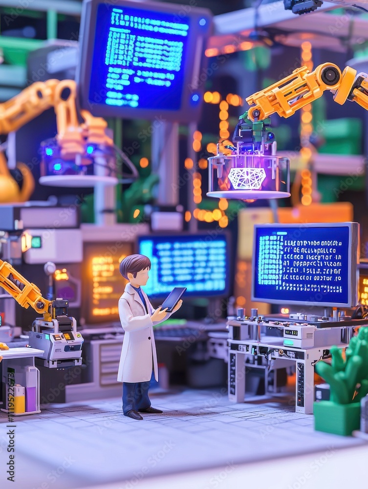 Poster robotic automation in high-tech lab laboratory digital display industrial setting close-up innovatio