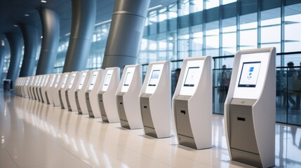 Fototapeta premium Sleek white self-service kiosks align in an airport, symbolizing efficiency and modern travel convenience against a shiny, futuristic backdrop.