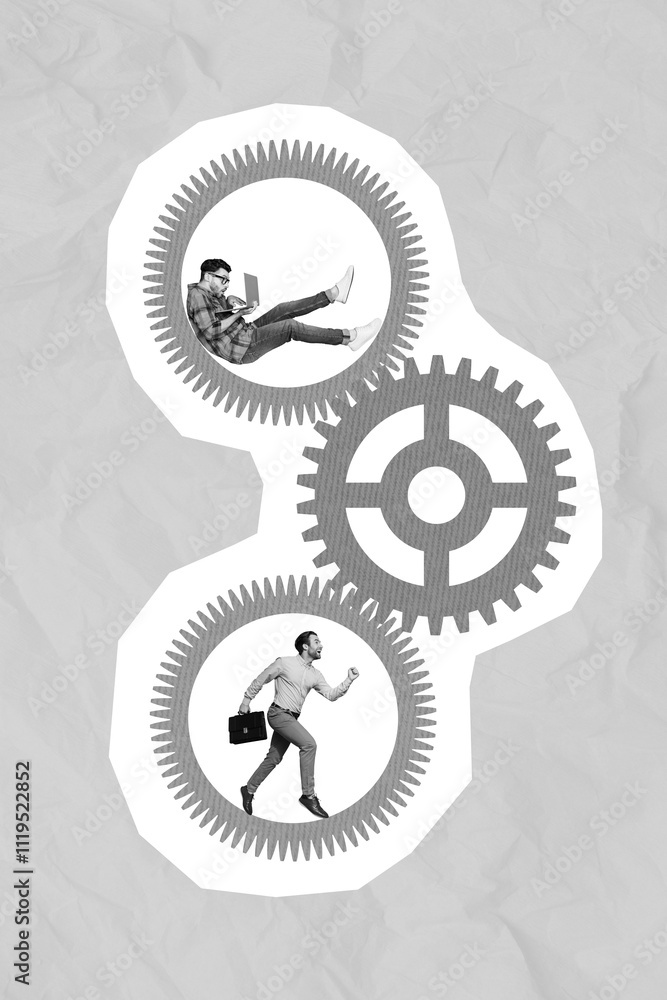 Aufkleber Collage photo of business colleagues working remote one big mechanism programmer and manager together isolated on pink color background