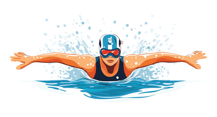 Swimmer Performing Butterfly Stroke - Flat Vector Illustration of Competitive Swimming