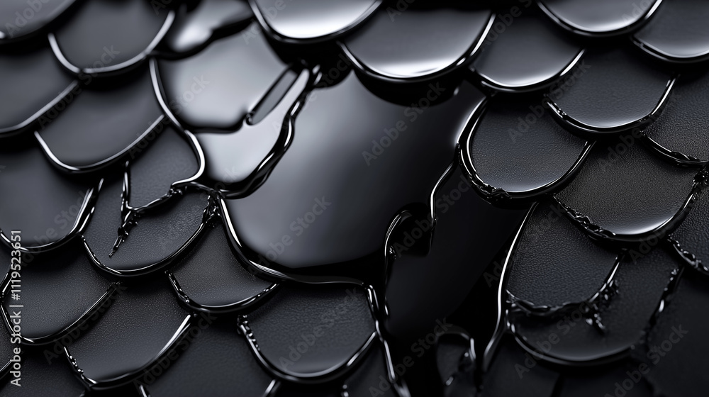 Poster dark scales with sharp edges are covered in a glossy black liquid, presenting an intriguing and text