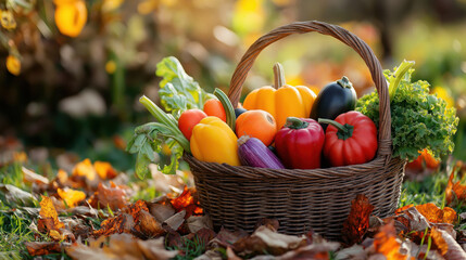 Autumn harvest basket with colorful vegetables in a garden setting