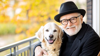 Dog playful friendship embracing concept. An elderly man with glasses and a hat smiles while cuddling a golden retriever against a backdrop of autumn leaves.