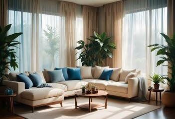 Modern Japani Style Apartment: Beige Couch and Minimalist Design