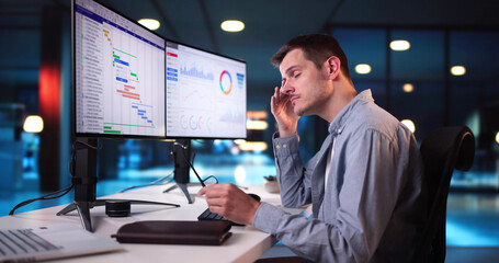 Man Eye Fatigue And Pain. Tired Working