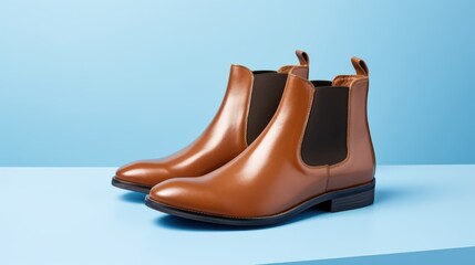 A sleek pair of brown leather Chelsea boots glistens under a soft light, set against a minimalist blue backdrop, exuding timeless elegance and sophistication.
