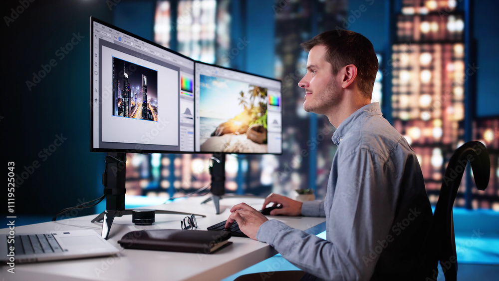 Poster Graphic Designer Working On Computer Editing