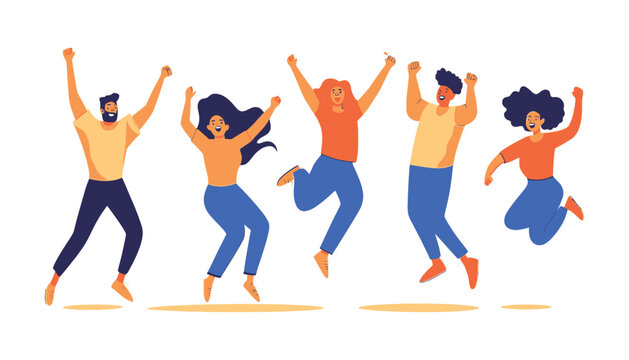 Excited Friends Jumping Together - Flat Vector Illustration of Celebration and Fun