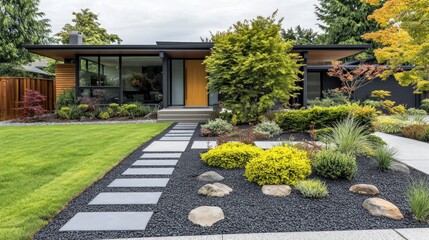 Obraz premium Modern house with landscaped garden, stone pathway, and green lawn.