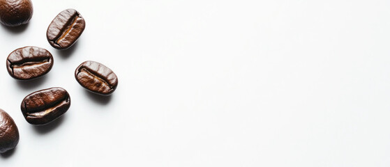 A macro shot of several dark roasted coffee beans scattered on white background, showing detailed texture and grooves with strong contrast and shadows.  Generative AI.