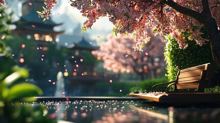 Serene Spring Day Tranquil Bench Under Cherry Blossoms near a Japanese Garden Pond