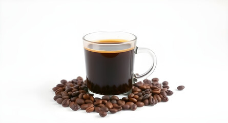 cup of coffee with beans with white isolated background