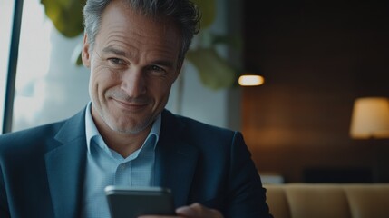 Smiling Man in Suit with Cell Phone