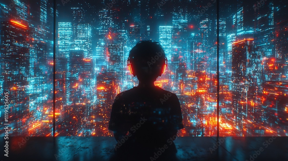 Poster student visualizing futuristic city using augmented reality symbolizing education and progress