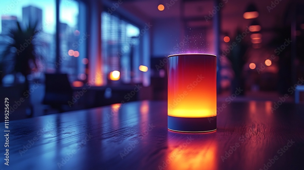 Poster sleek futuristic smart speaker with holographic digital interface in modern minimalist office settin
