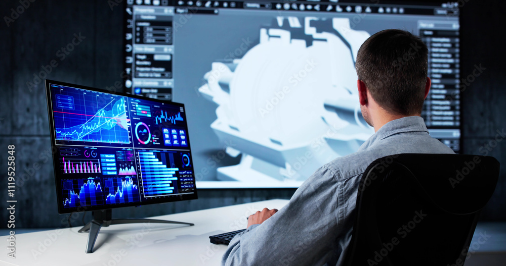 Fototapete engineer doing 3d cad model design on computer