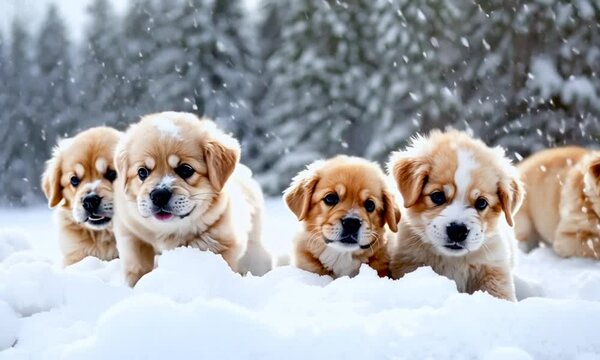 Adorable Puppies Playing in Snowy Forest