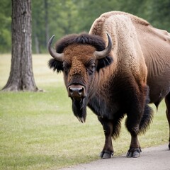 American bison in park isolated looking at camera