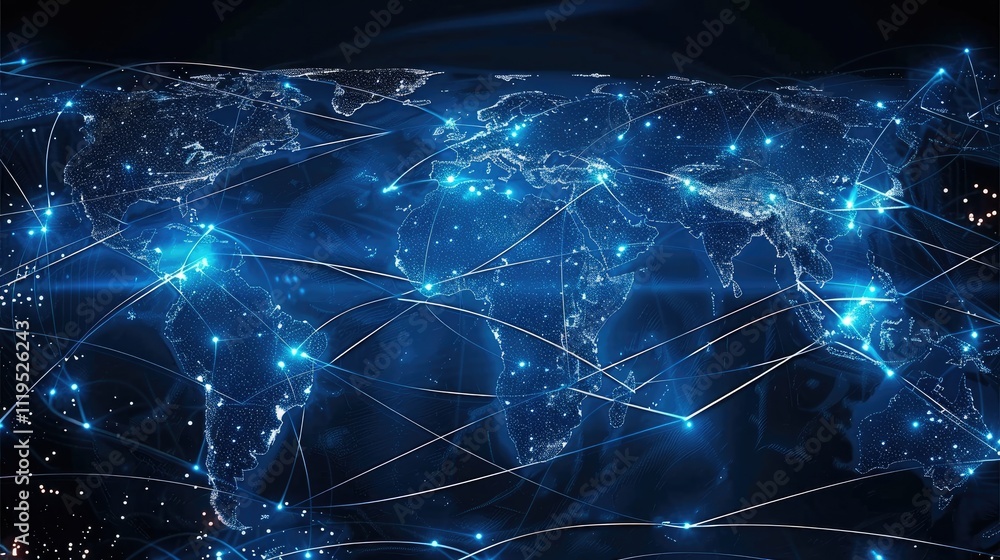 Poster a blue map of the world network connecting to multiple bright light blue dots covering across the im