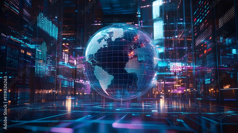 Poster a digital representation of the earth surrounded by data visuals and graphs in a futuristic financia