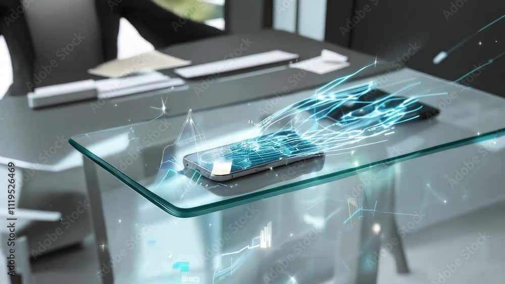 Poster smartphone is lying on a glass table and displaying a world map with data transferring. the camera i