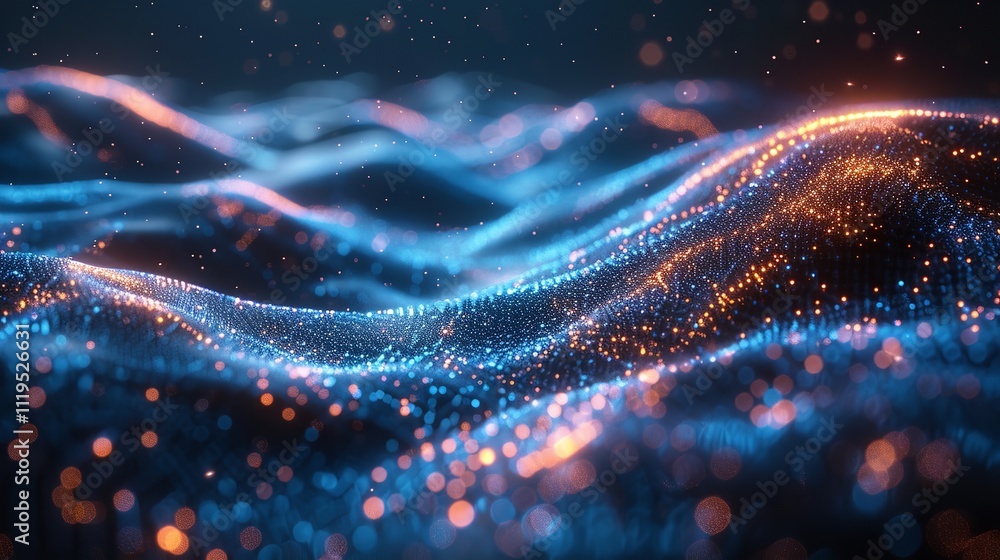 Poster dynamic wave of particles and lines representing data flow and connectivity