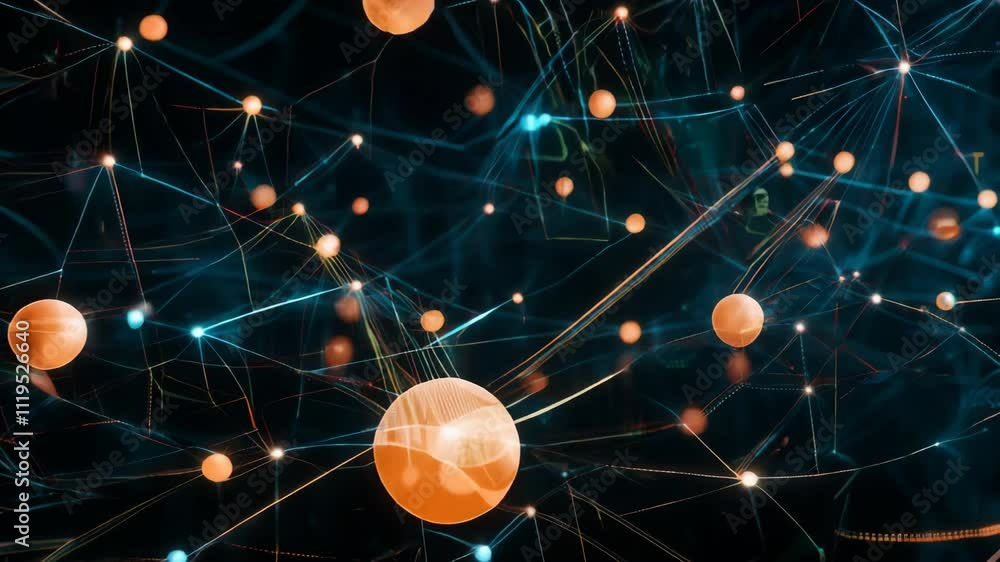 Poster orange particles move within a network of blue lines against a black background, creating a dynamic 