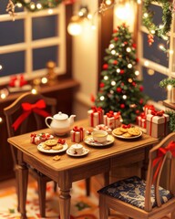 Obraz premium Cozy holiday tea party with cookies and gifts festive room lifestyle scene warm atmosphere close-up view celebratory concept