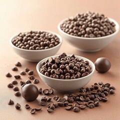 Fototapeta premium Dark Chocolate Treats in Bowls with Chocolate Pieces on Surface