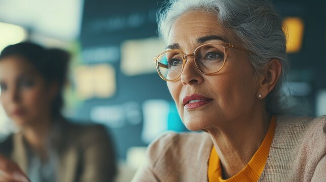 Elderly Woman in Business Setting, Discussing with Colleague