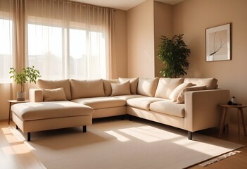 Modern Japani Style Apartment: Beige Couch and Minimalist Design