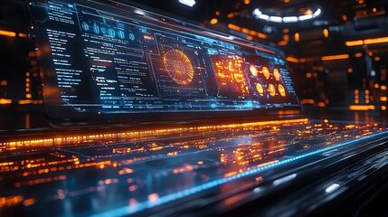 Futuristic Holographic Office Desk Displaying Dynamic Business Analytics and Market Trends