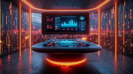Futuristic Holographic Office Desk with Glowing Business Analytics and Real Time Market Trends Display