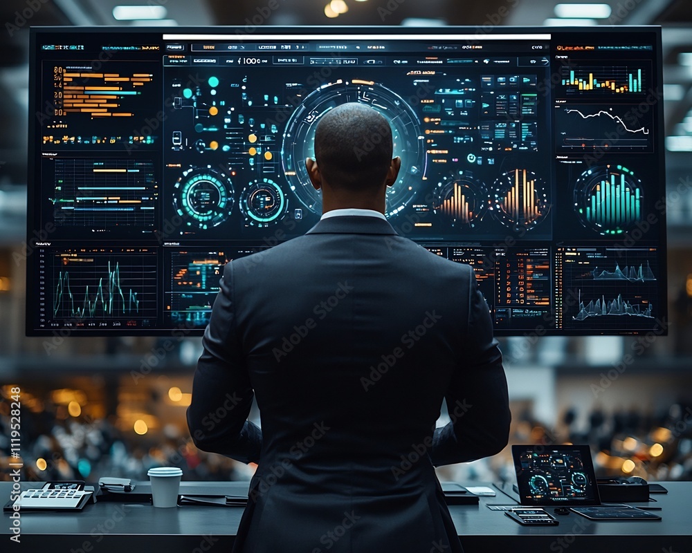 Poster business professional presenting with holographic interface displaying real time data analytics
