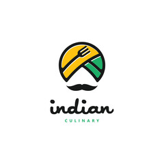 Turban Fork Mustache India Indian Food Culinary logo design modern concept