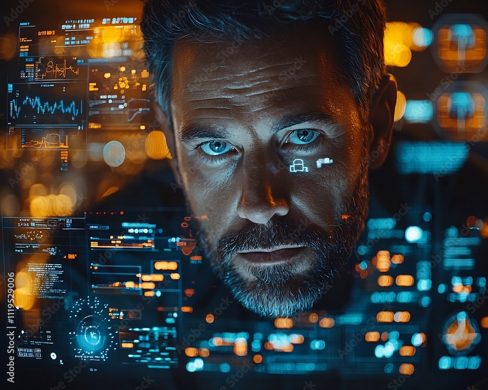 Aufkleber futuristic trader interacting with holographic investment interface displaying real time market fluc