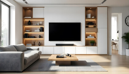 A modern living room interior design with built-in shelf and led strip light white tv cabinet with sofa