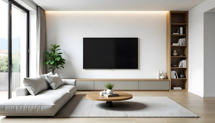 A modern living room interior design with built-in shelf and led strip light white tv cabinet with sofa