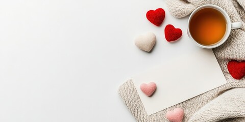 Whimsical Overhead Shot of a Valentines Day Card with Hearts and a Cup of Tea on a Cozy Knit Blanket
